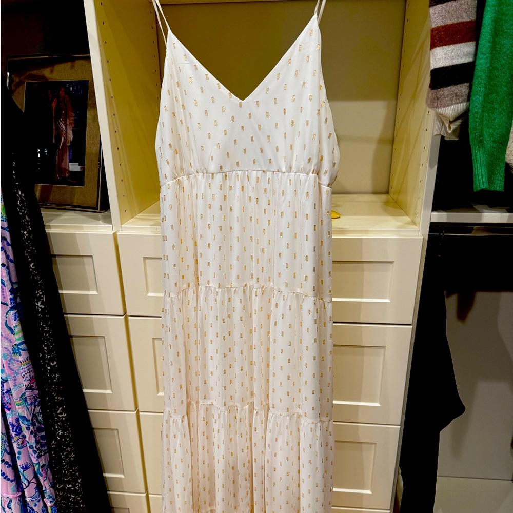 Beautiful tiered express maxi dress embroidered with gold metallic thread.